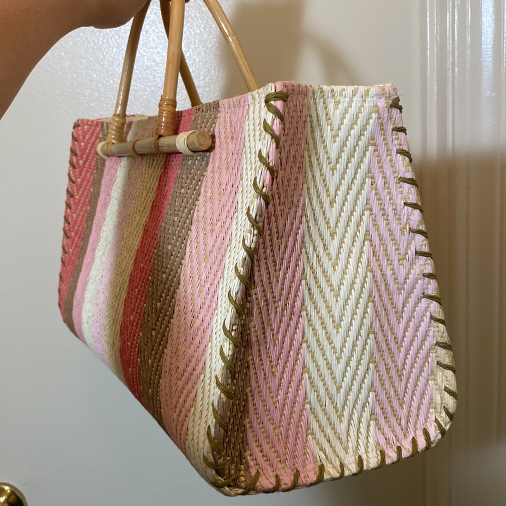 Straw Striped Bamboo Handle Purse - Picture 6 of 8